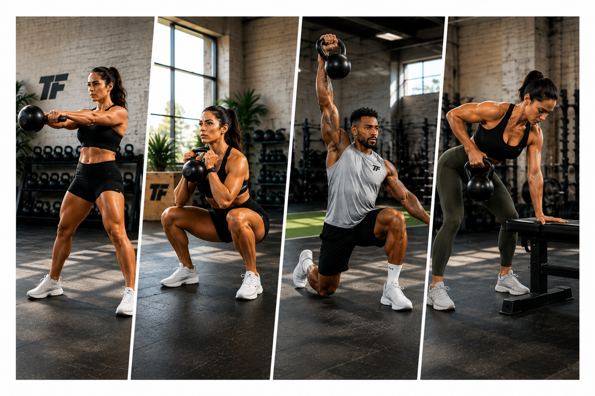 Four athletes performing kettlebell swings, goblet squats, overhead presses, and rows as part of a four-day kettlebell workout plan.