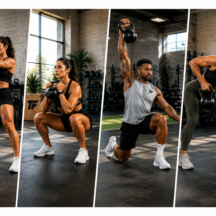 Four athletes performing kettlebell swings, goblet squats, overhead presses, and rows as part of a four-day kettlebell workout plan.