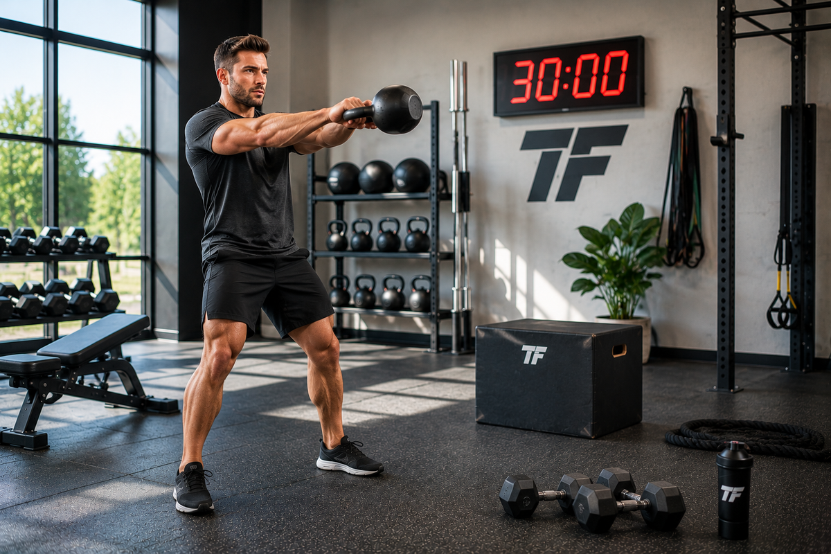 Man performing kettlebell swings in a bright gym with a 30-minute timer and full-body workout equipment in the background.