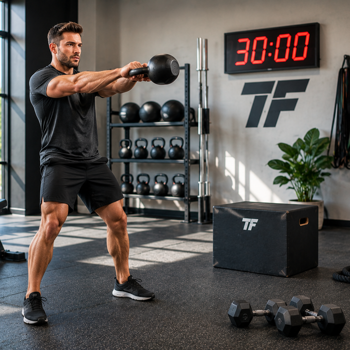 Man performing kettlebell swings in a bright gym with a 30-minute timer and full-body workout equipment in the background.