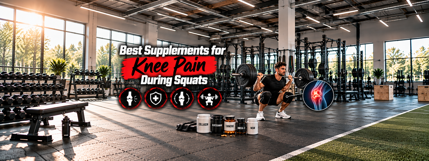 Man performing a barbell squat in a gym with a highlighted knee joint and supplements including collagen, glucosamine, turmeric, omega-3, and MSM for knee pain and joint support