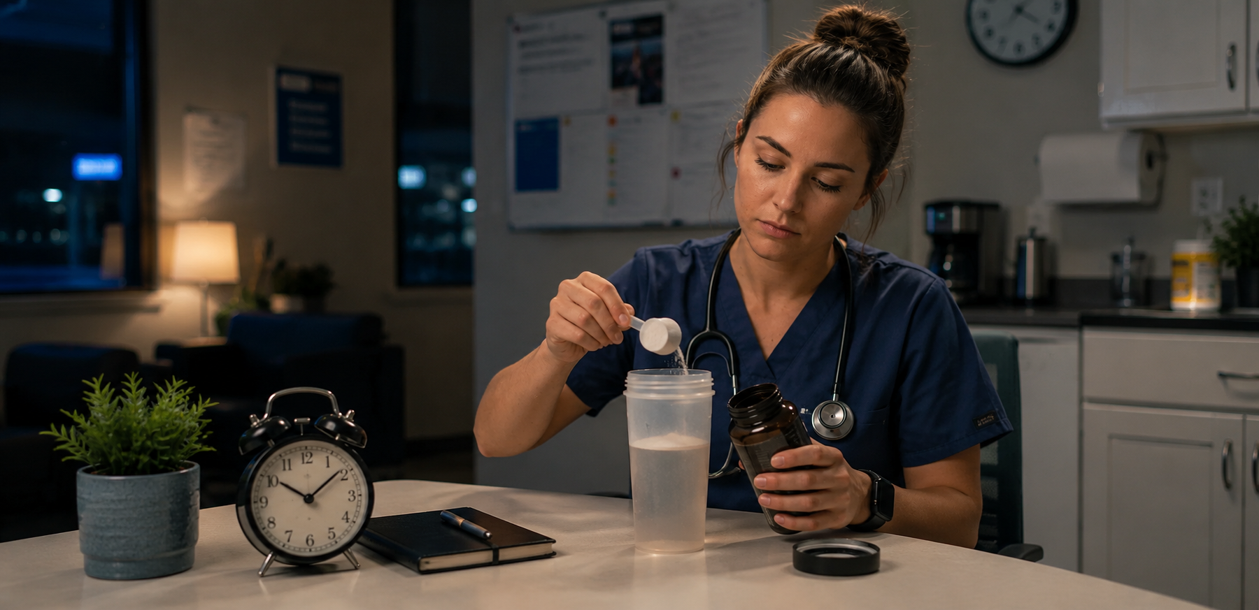 Night shift nurse in hospital scrubs preparing a sleep aid supplement in a break room with an alarm clock and shaker bottle.