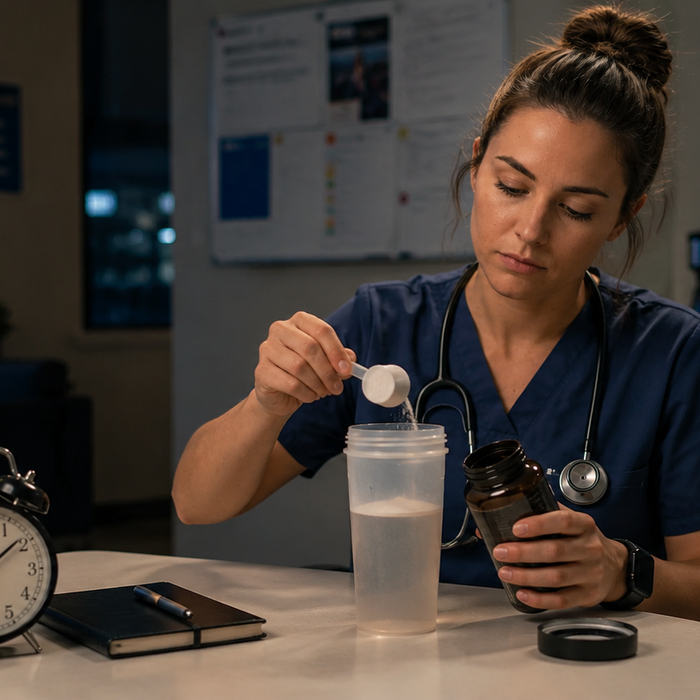 Night shift nurse in hospital scrubs preparing a sleep aid supplement in a break room with an alarm clock and shaker bottle.