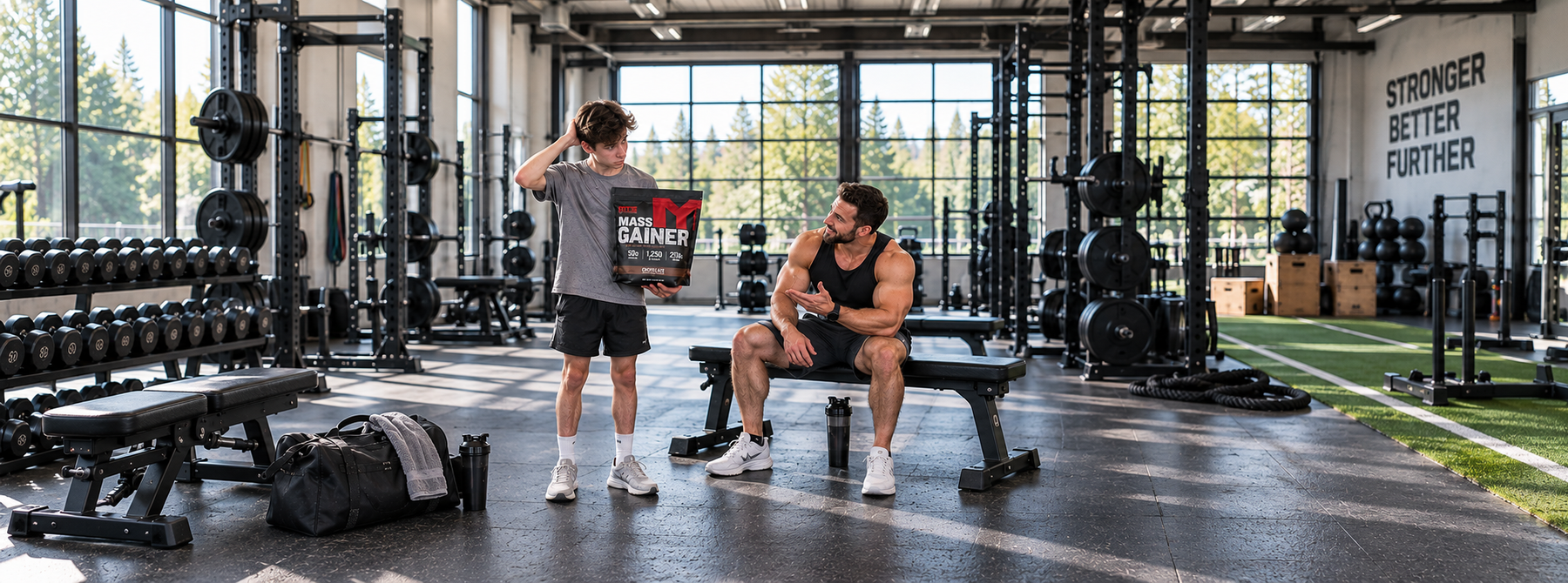 Lean young man holding MTS Mass Gainer while asking a muscular athlete about the supplement in a spacious strength-training gym.