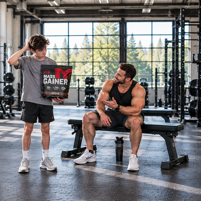 Lean young man holding MTS Mass Gainer while asking a muscular athlete about the supplement in a spacious strength-training gym.