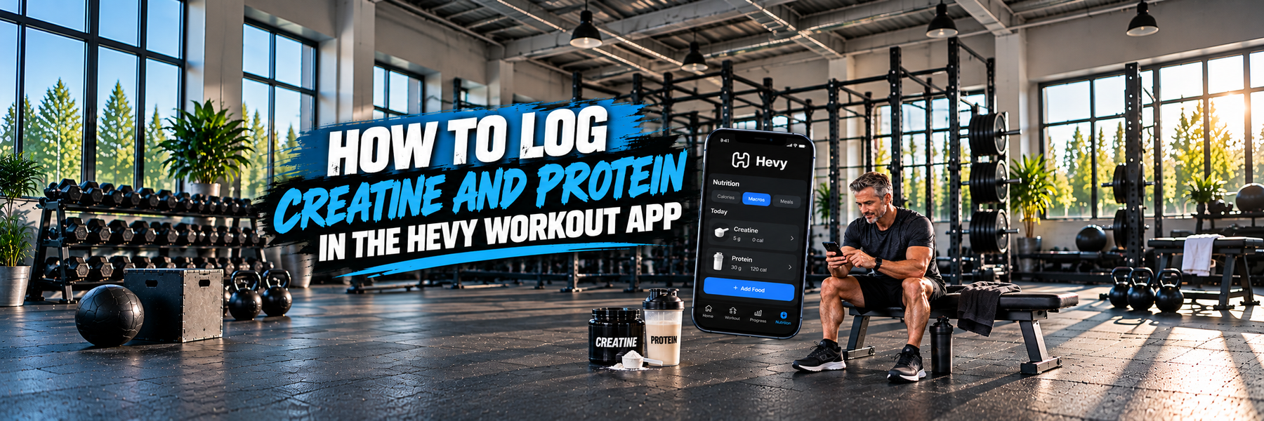 Man using a smartphone in a gym beside creatine and protein supplements, with a Hevy workout app graphic showing how to log creatine and protein intake.
