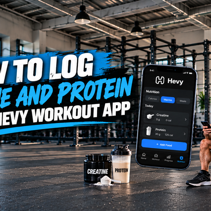 Man using a smartphone in a gym beside creatine and protein supplements, with a Hevy workout app graphic showing how to log creatine and protein intake.