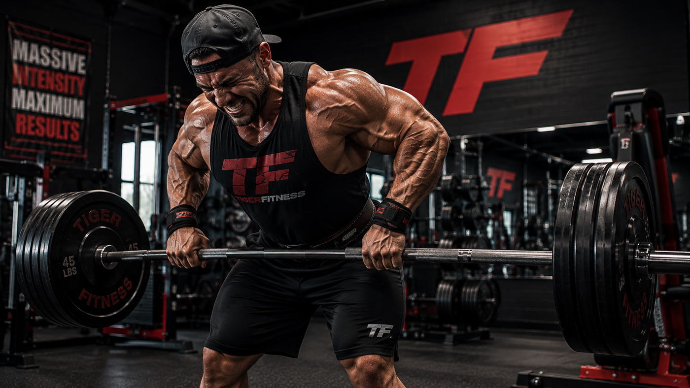 Muscular experienced lifter performing a heavy bent-over barbell row in a Tiger Fitness gym while wearing branded training gear.