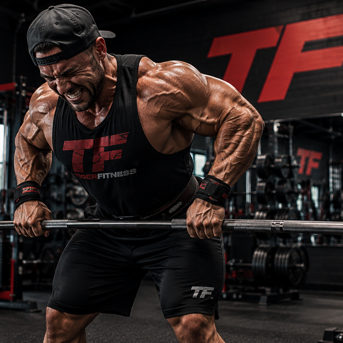 Muscular experienced lifter performing a heavy bent-over barbell row in a Tiger Fitness gym while wearing branded training gear.