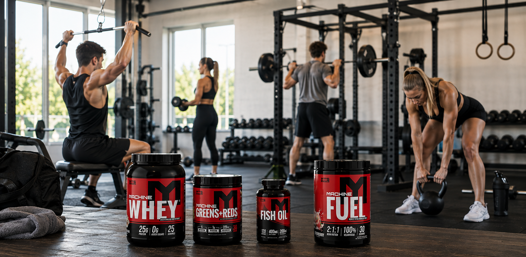 MTS Nutrition supplement stack featuring Machine Whey, Greens + Reds, Fish Oil, and Machine Fuel in a bright gym with athletes training in the background.