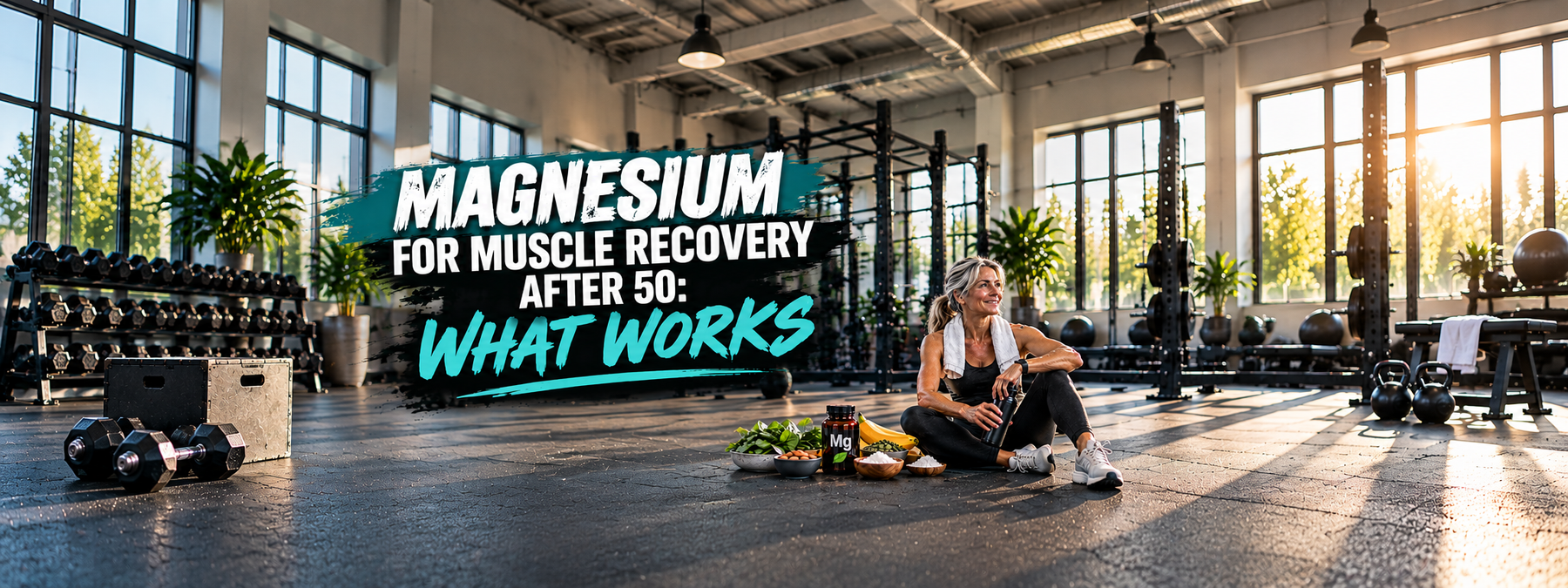 Fit woman over 50 resting after a workout in a sunlit gym, surrounded by magnesium-rich foods and supplements, highlighting muscle recovery after 50.