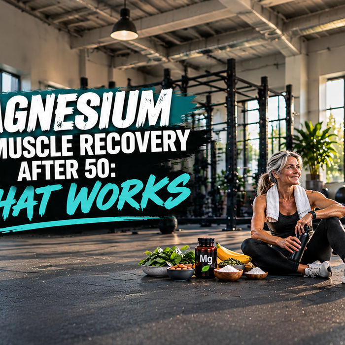 Fit woman over 50 resting after a workout in a sunlit gym, surrounded by magnesium-rich foods and supplements, highlighting muscle recovery after 50.