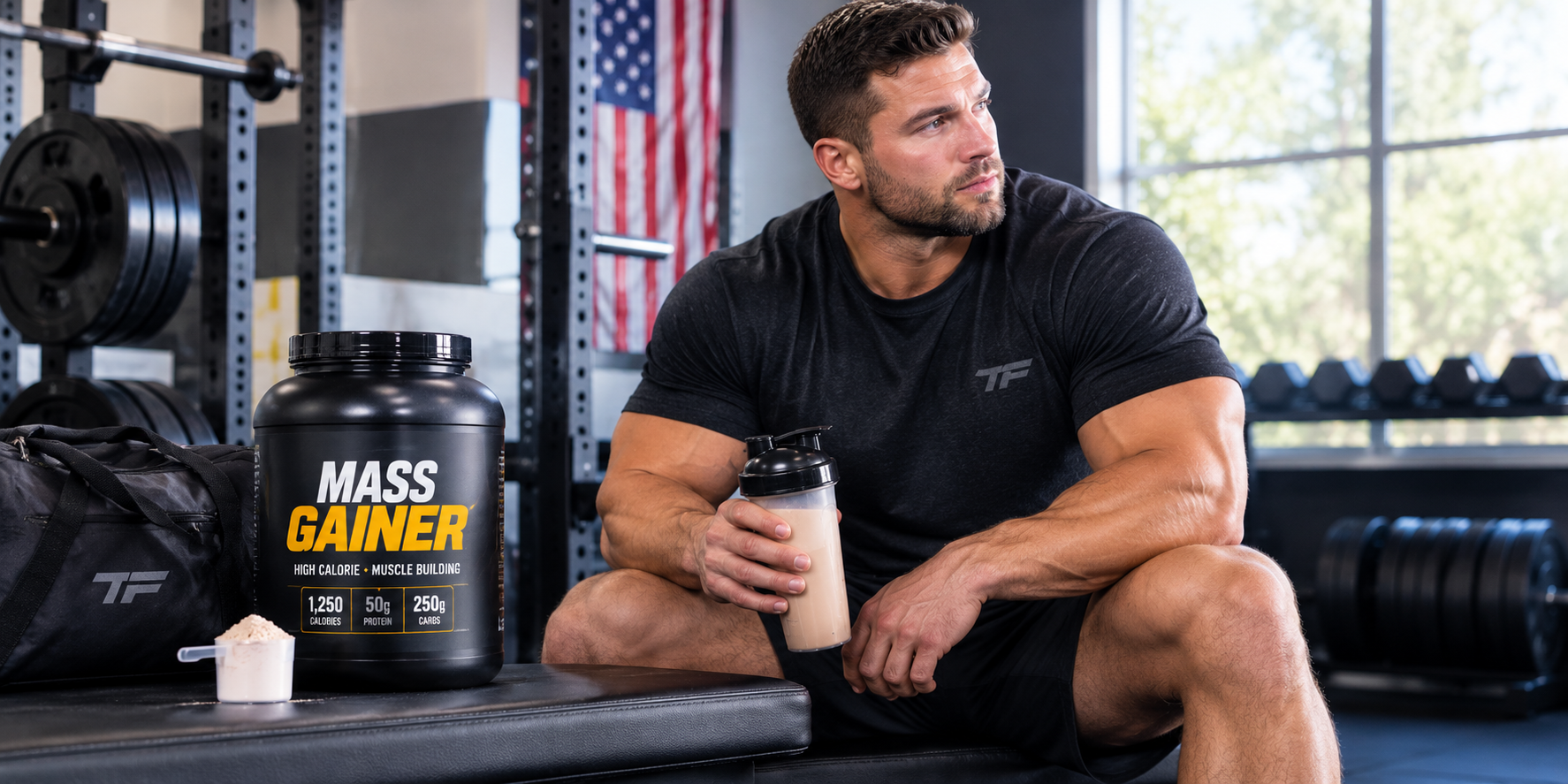 Muscular powerlifter resting in a bright gym with a mass gainer supplement and protein shake during off-season training.
