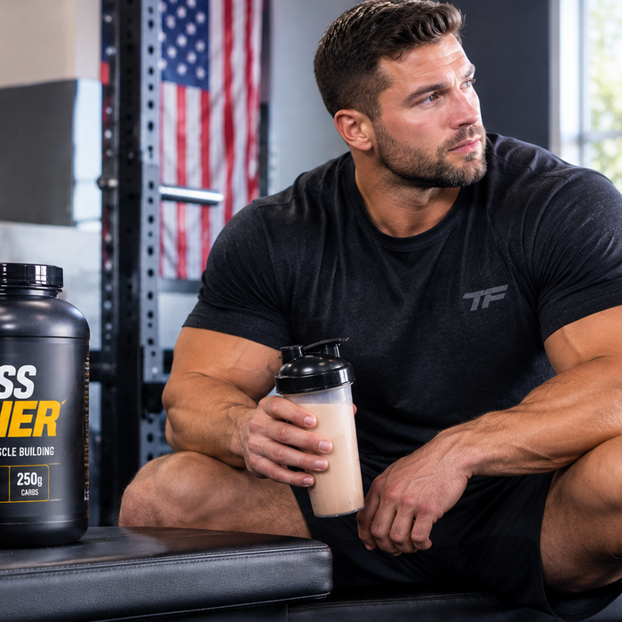 Muscular powerlifter resting in a bright gym with a mass gainer supplement and protein shake during off-season training.