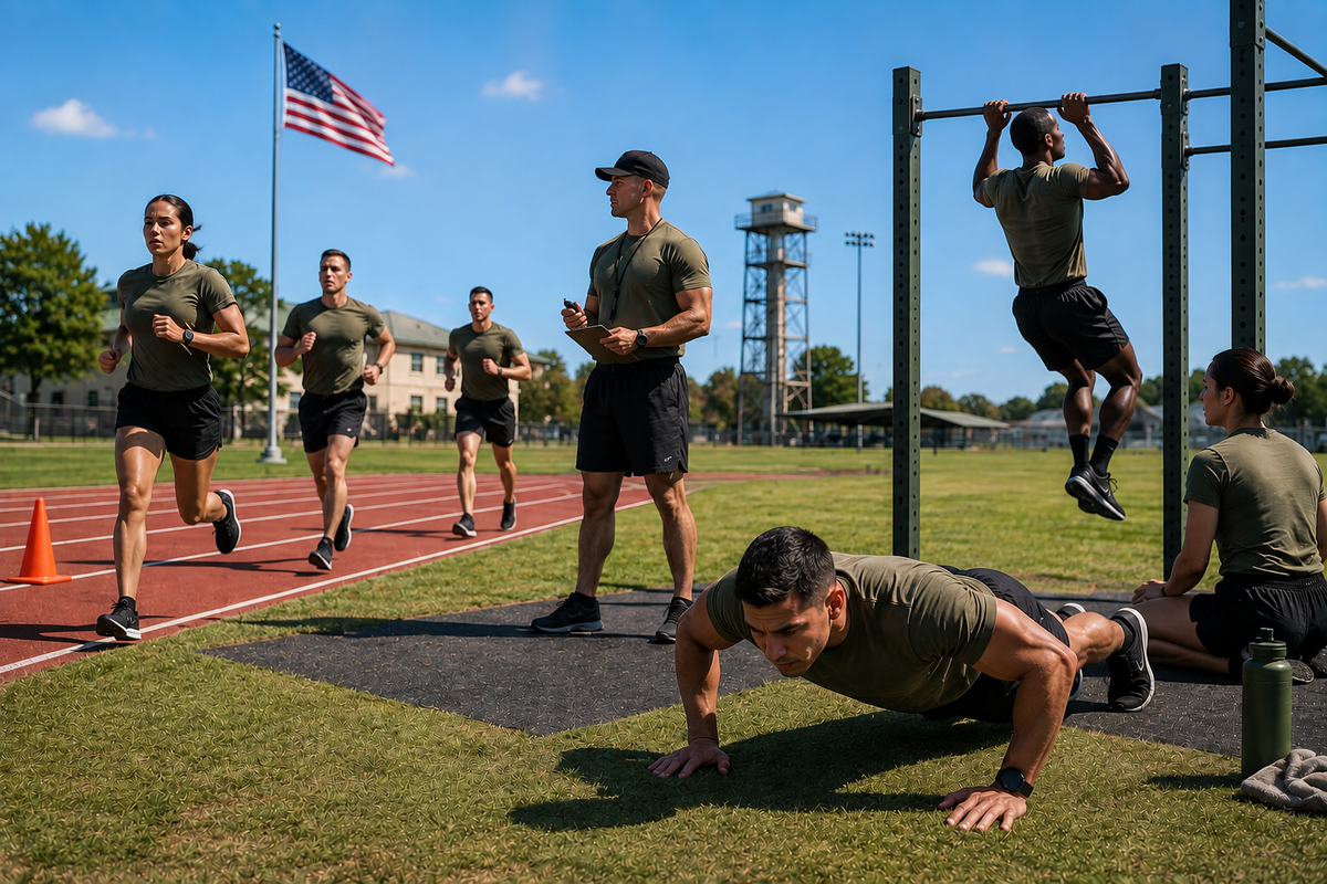 Military personnel completing push-ups, pull-ups, and running drills during an outdoor fitness test prep workout