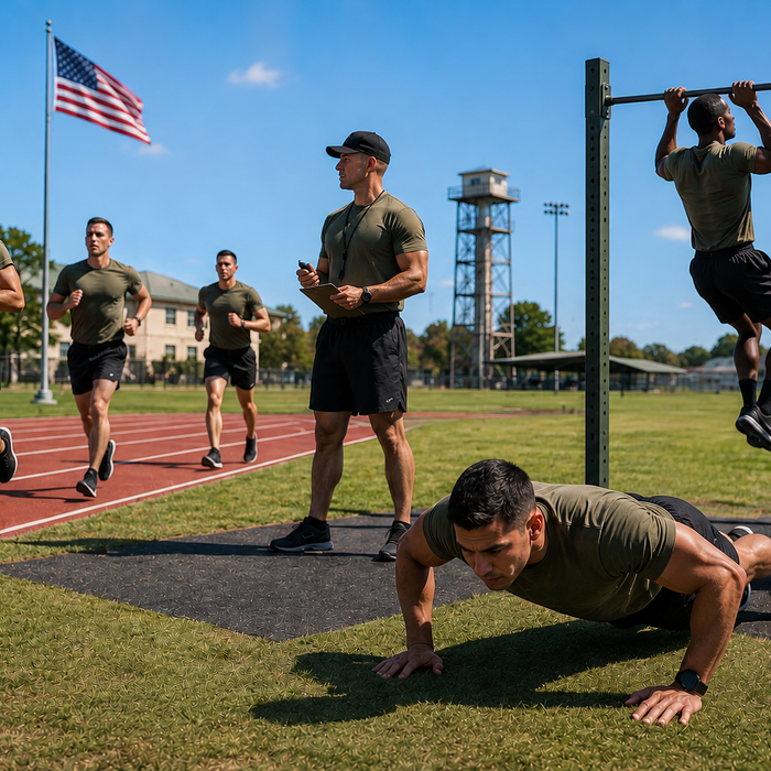 Military personnel completing push-ups, pull-ups, and running drills during an outdoor fitness test prep workout