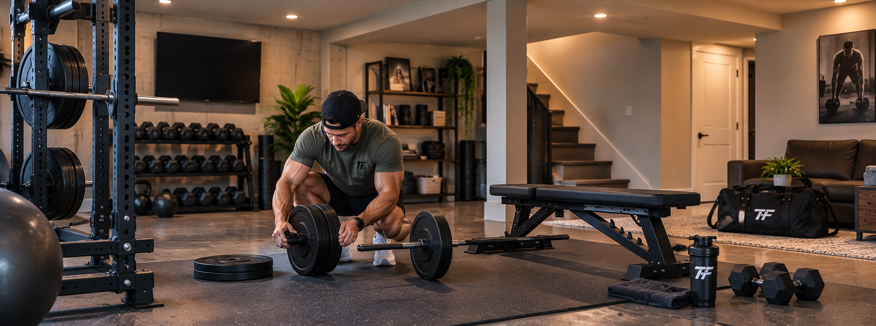 Man setting up weights in a clean basement home gym with a power rack, bench, dumbbells, and strength-training equipment.