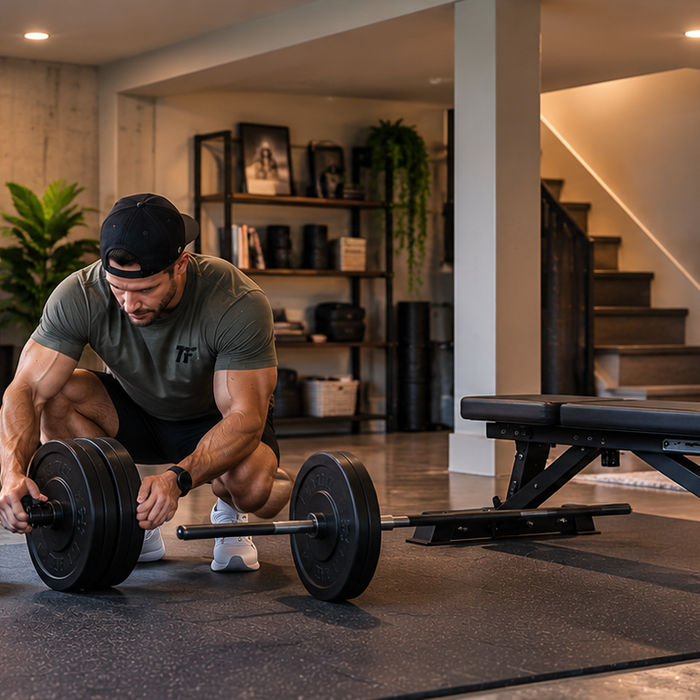 Man setting up weights in a clean basement home gym with a power rack, bench, dumbbells, and strength-training equipment.