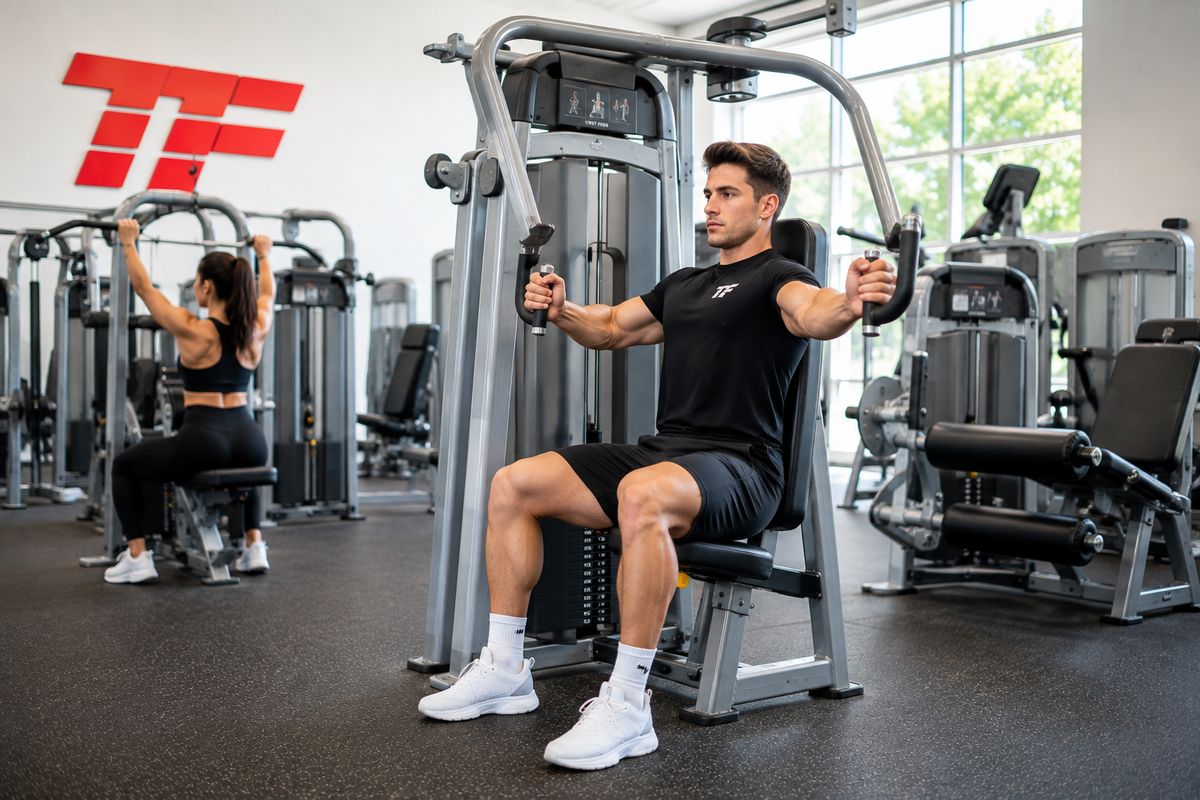 Beginner using a chest press machine in a bright gym surrounded by strength training machines for a machine-only workout.