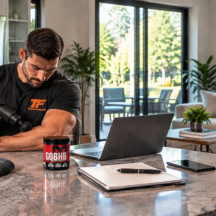 Athlete using a massage gun for recovery at home with GLOW supplement tub and Tiger Fitness gear nearby.