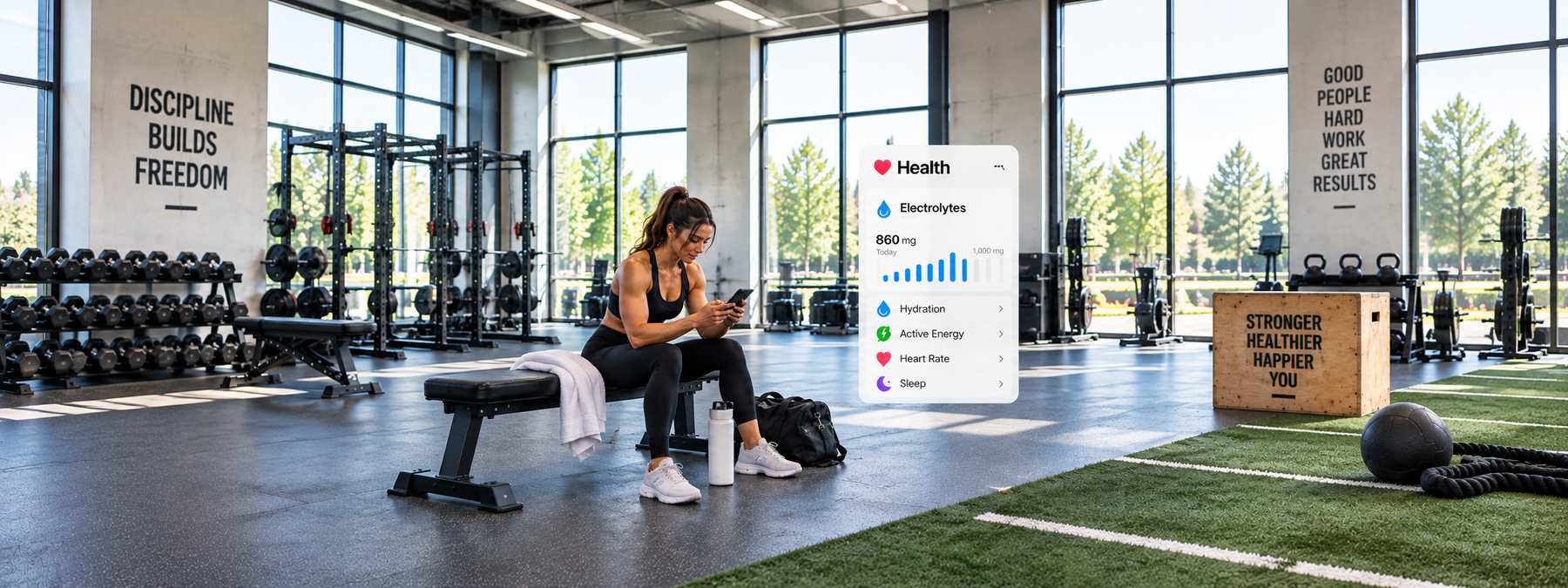 Female athlete tracking electrolytes and hydration with Apple Health on her phone while sitting in a bright, modern gym.