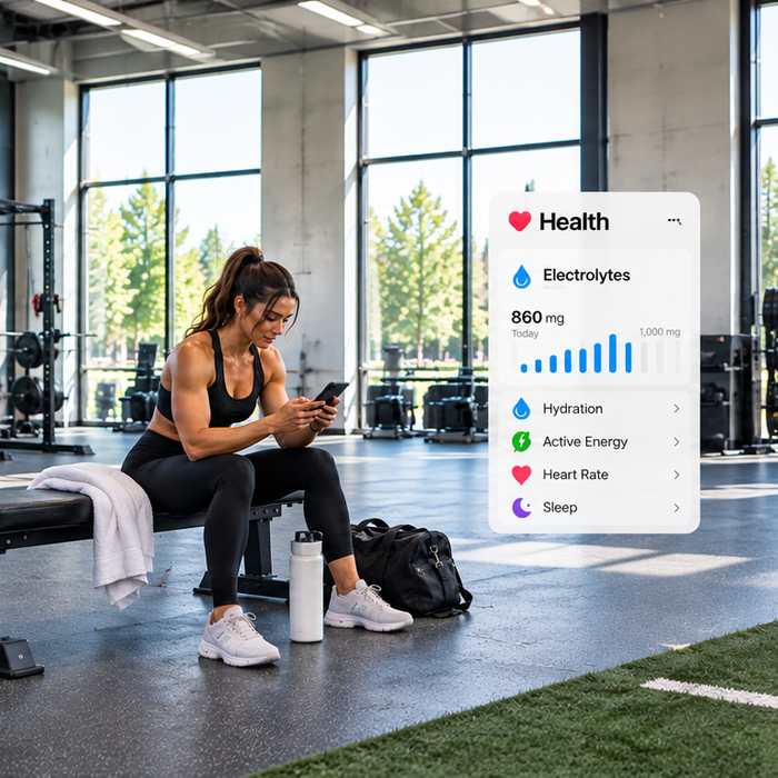 Female athlete tracking electrolytes and hydration with Apple Health on her phone while sitting in a bright, modern gym.