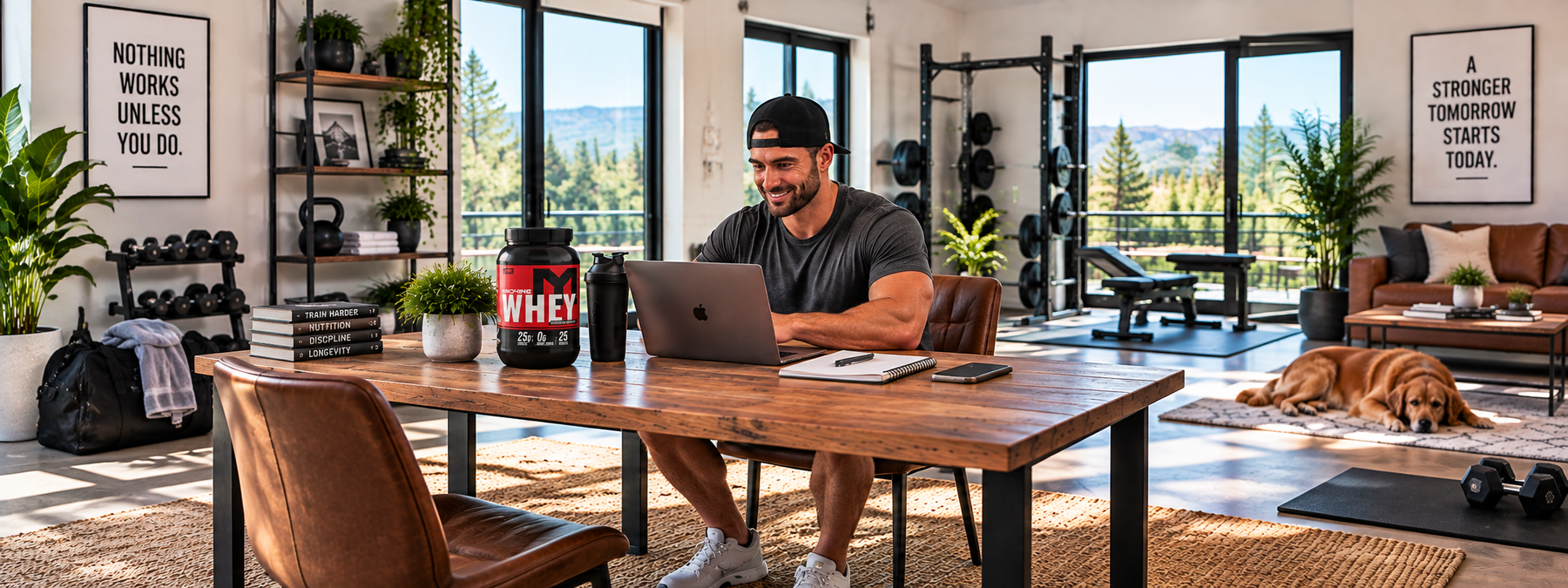 Male athlete shopping for high quality whey protein online with MTS Machine Whey displayed beside his laptop in a bright home gym.