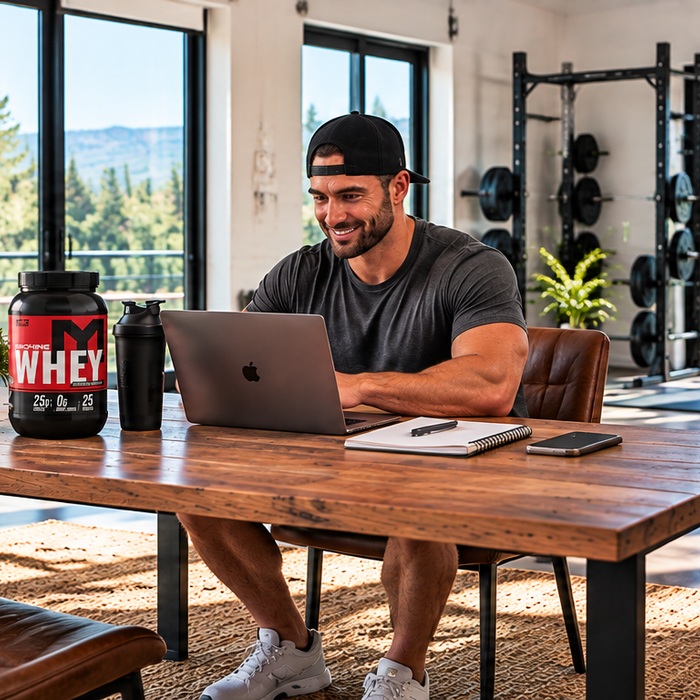 Male athlete shopping for high quality whey protein online with MTS Machine Whey displayed beside his laptop in a bright home gym.