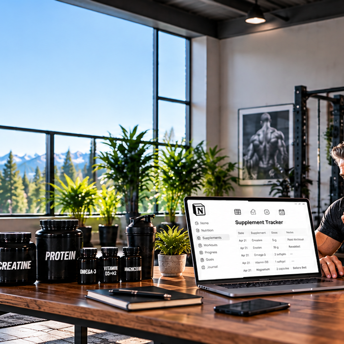 Man using a Notion supplement tracking dashboard on his laptop in a modern home gym, surrounded by creatine, protein, vitamins, and other supplements to organize his daily supplement routine.