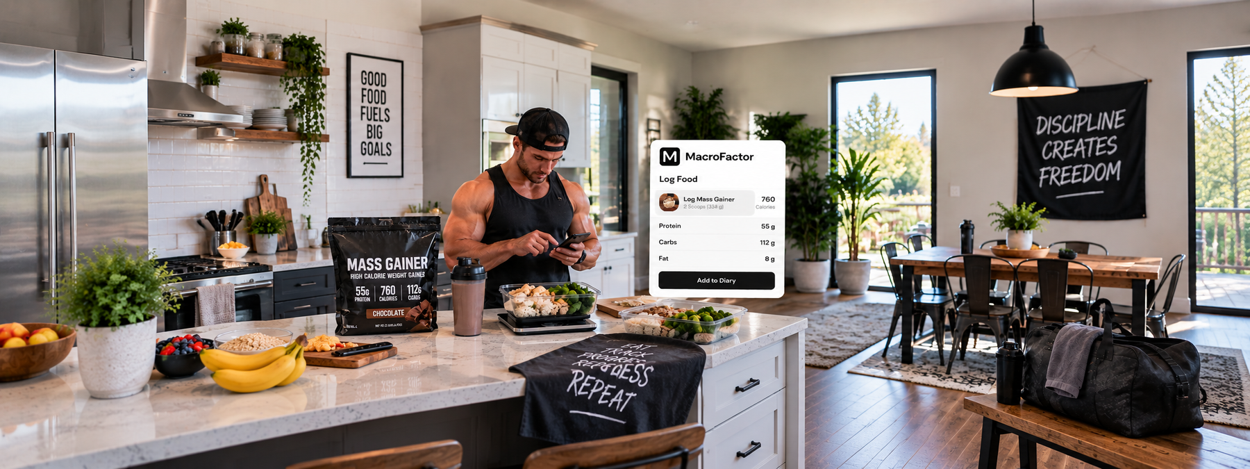 Male athlete logging a mass gainer and macros in MacroFactor while meal prepping in a bright kitchen.