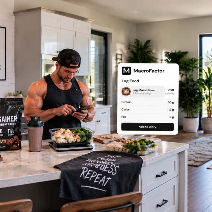 Male athlete logging a mass gainer and macros in MacroFactor while meal prepping in a bright kitchen.