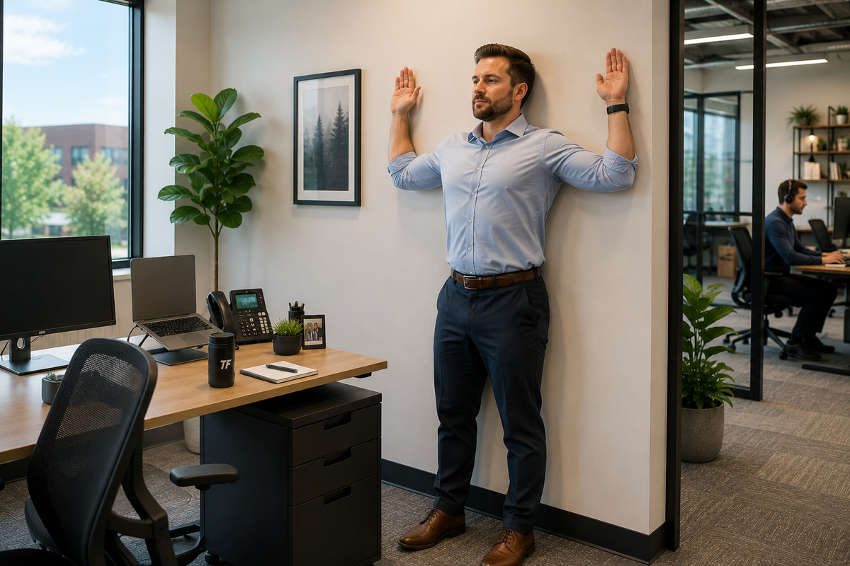 Desk worker performing a wall angel posture exercise beside his workstation during a break at the office