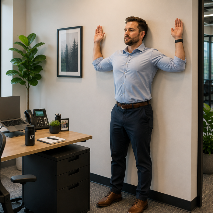 Desk worker performing a wall angel posture exercise beside his workstation during a break at the office