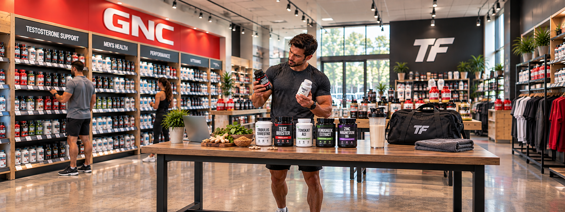 Man comparing testosterone booster supplements in a fitness store featuring GNC and TF signage, with Tongkat Ali, fenugreek, and zinc supplements on display.