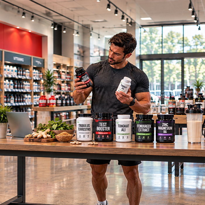 Man comparing testosterone booster supplements in a fitness store featuring GNC and TF signage, with Tongkat Ali, fenugreek, and zinc supplements on display.