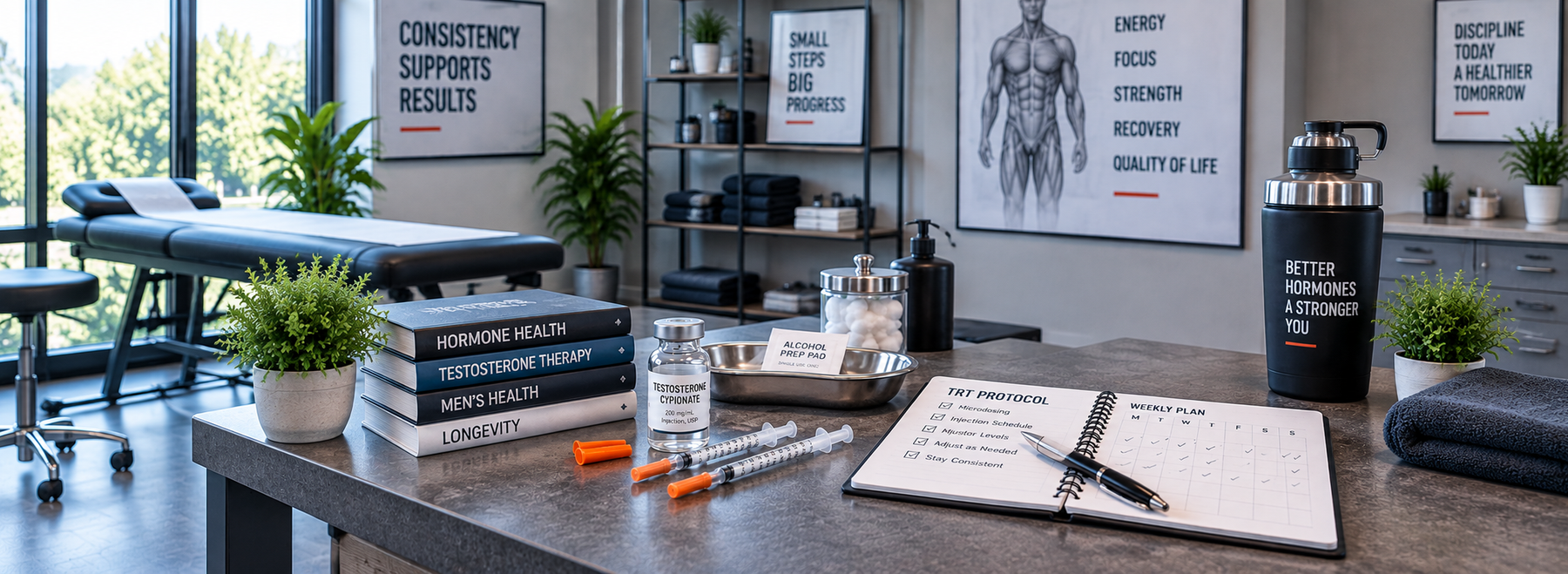 Testosterone microdosing supplies and TRT protocol planner displayed in a modern performance health clinic.