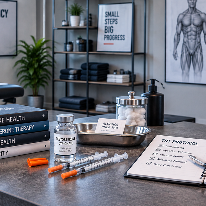 Testosterone microdosing supplies and TRT protocol planner displayed in a modern performance health clinic.