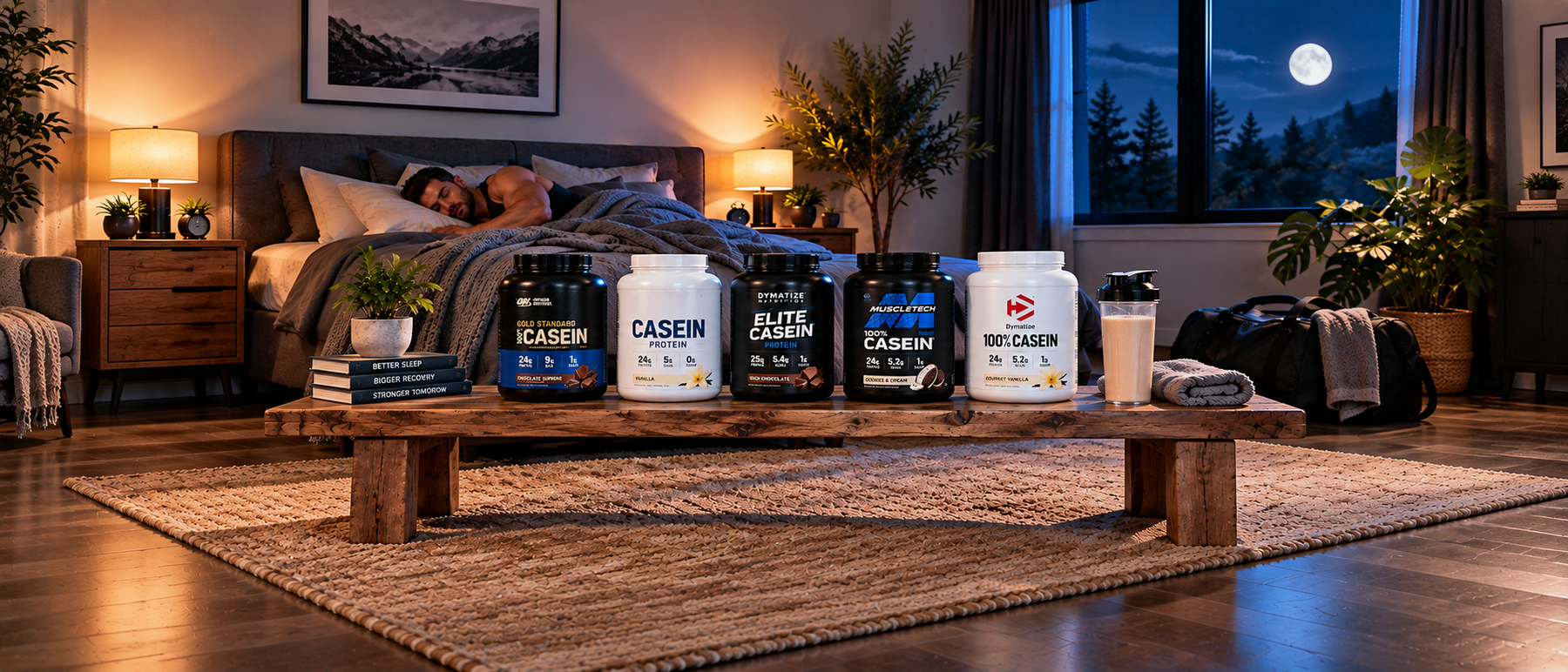 Casein protein powder tubs and a protein shake displayed in a cozy bedroom as an athlete sleeps, highlighting overnight muscle recovery in 2026.