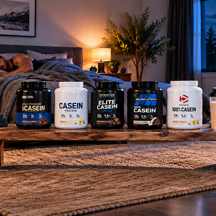 Casein protein powder tubs and a protein shake displayed in a cozy bedroom as an athlete sleeps, highlighting overnight muscle recovery in 2026.
