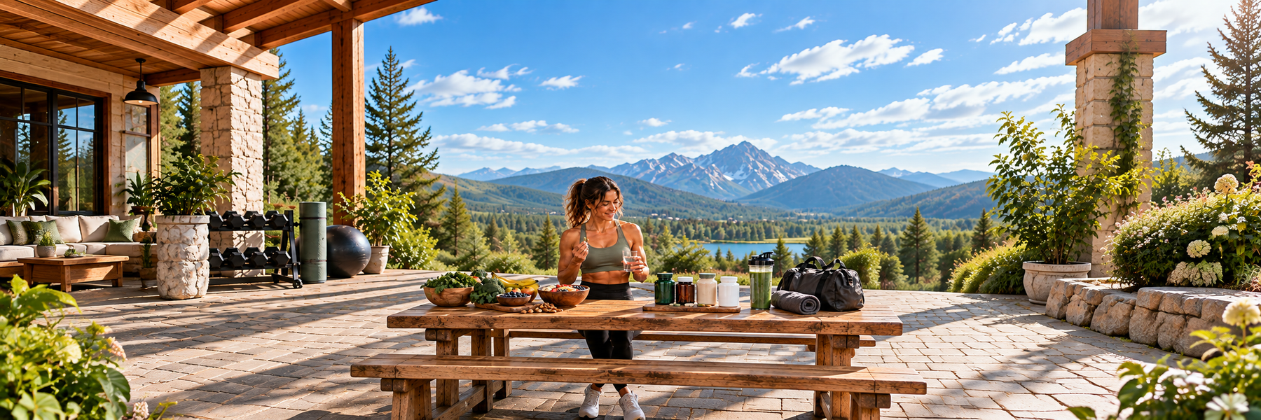 Athletic woman taking vegan multivitamins with water beside plant-based foods and fitness essentials on an outdoor patio, promoting active lifestyles in 2026.