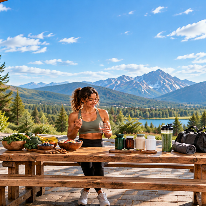 Athletic woman taking vegan multivitamins with water beside plant-based foods and fitness essentials on an outdoor patio, promoting active lifestyles in 2026.