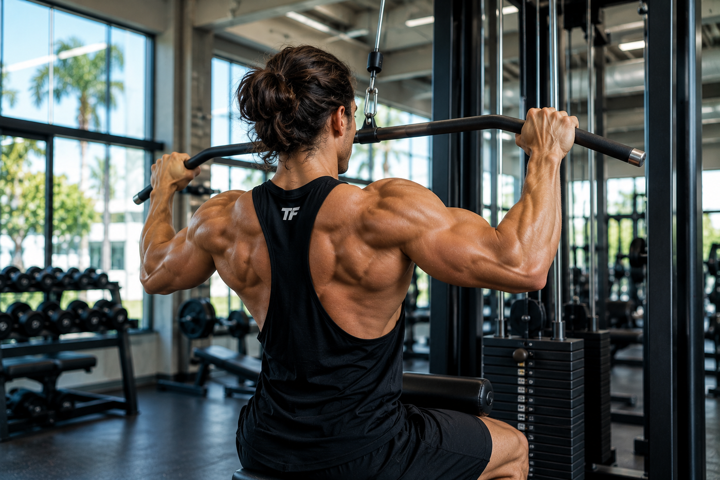 Muscular man performing a wide-grip lat pulldown to build a wider back and V-taper physique