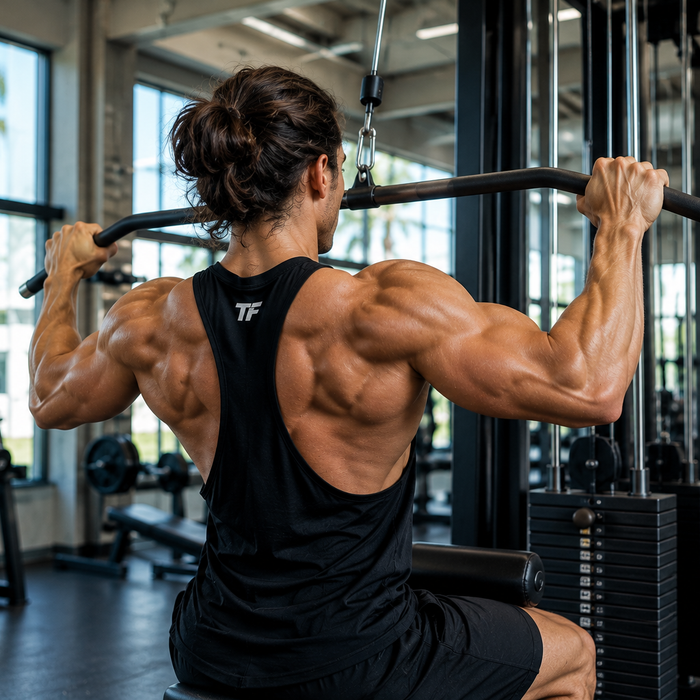 Muscular man performing a wide-grip lat pulldown to build a wider back and V-taper physique
