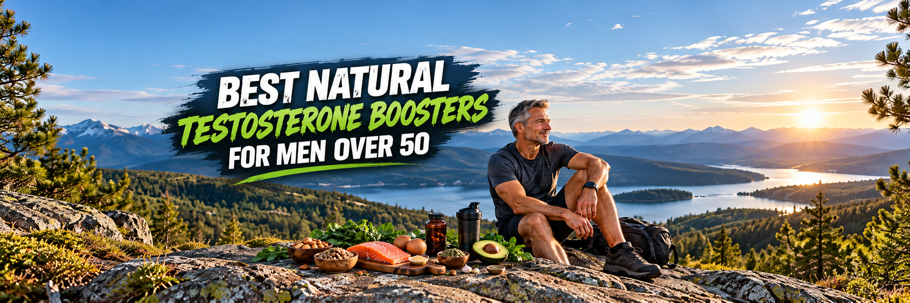 Fit, silver-haired man over 50 sitting on a mountain overlook at sunset, surrounded by healthy foods and supplements, representing natural testosterone support for men over 50.