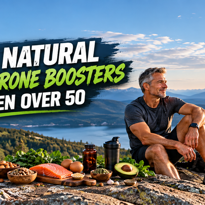 Fit, silver-haired man over 50 sitting on a mountain overlook at sunset, surrounded by healthy foods and supplements, representing natural testosterone support for men over 50.