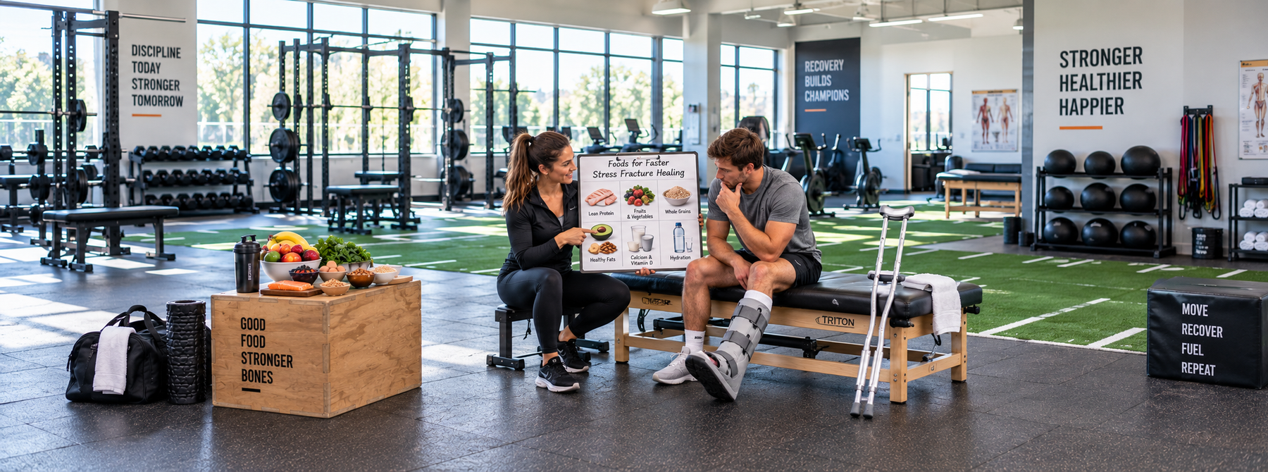 Trainer showing nutritious food options to an injured athlete with a walking boot to support stress fracture healing and recovery.