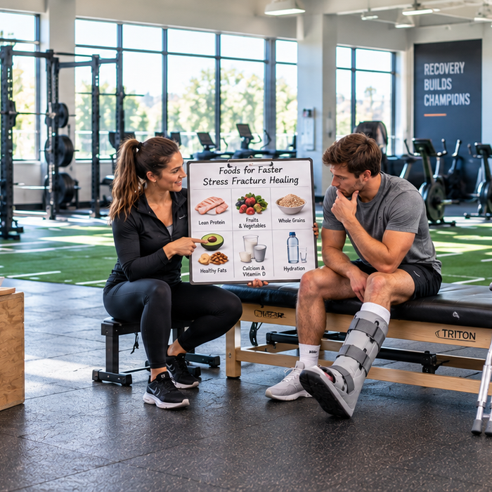Trainer showing nutritious food options to an injured athlete with a walking boot to support stress fracture healing and recovery.