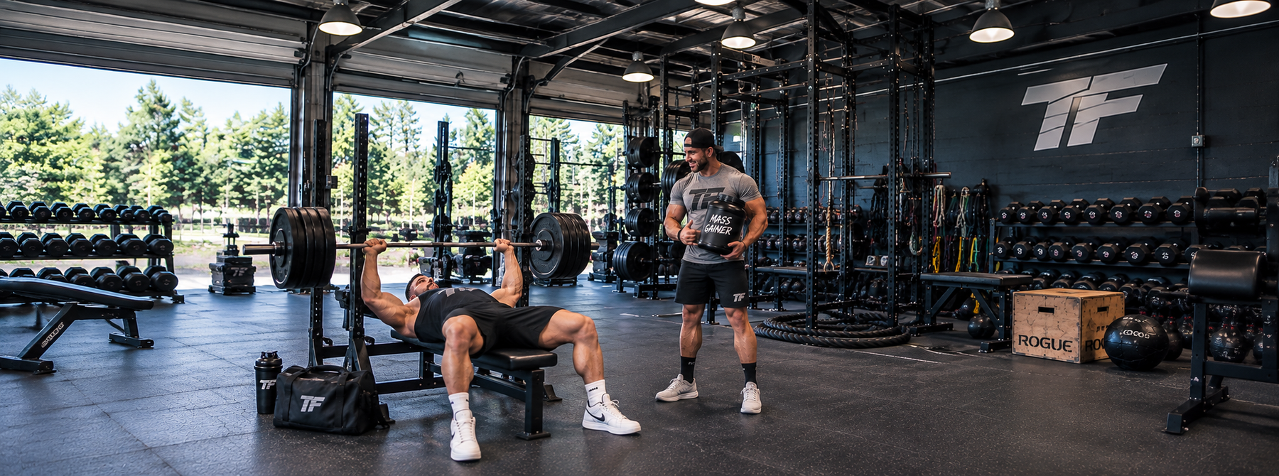 Two male athletes in a Tiger Fitness gym, with one bench pressing weights while the other holds a mass gainer tub.