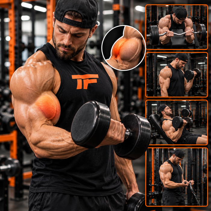Muscular athlete performing a dumbbell curl with the bicep peak highlighted, alongside examples of preacher curls, incline curls, and cable curls.