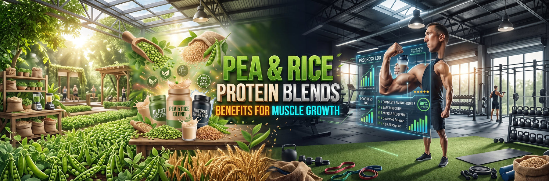 Pea & Rice Protein Blends for Muscle Growth," showing a natural pea farm merged with a gym setting and an athletic man holding a protein shaker.
